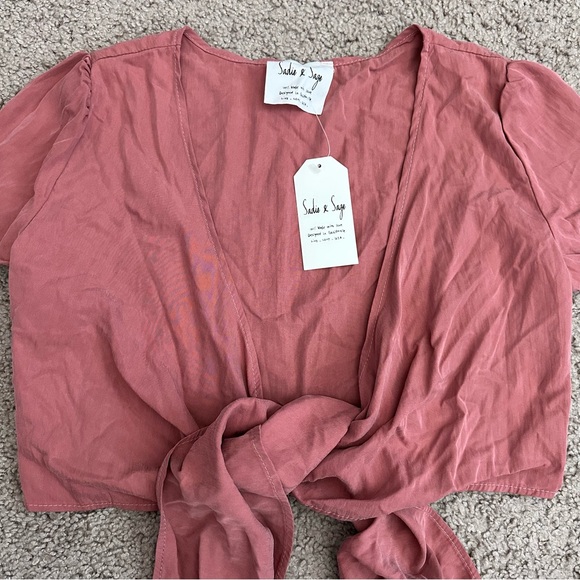 Sadie & Sage Tie-Front Crop Short Sleeve Blouse Shirt Womens S Dusty Rose - Picture 8 of 12